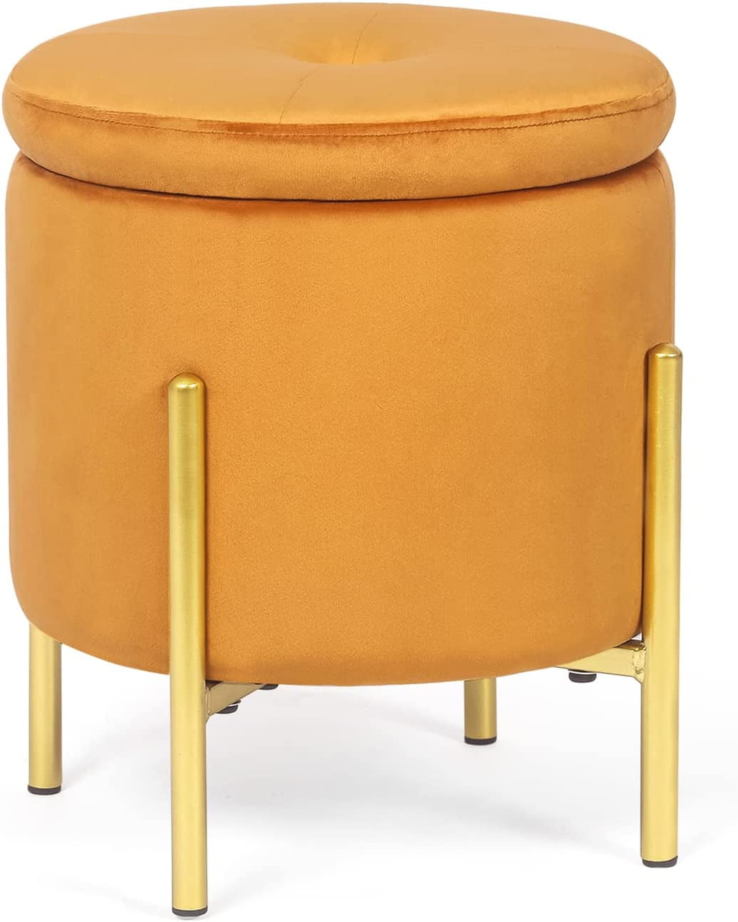 Upholstered Tufted Round Storage Ottomans, Orange Velvet Footrest