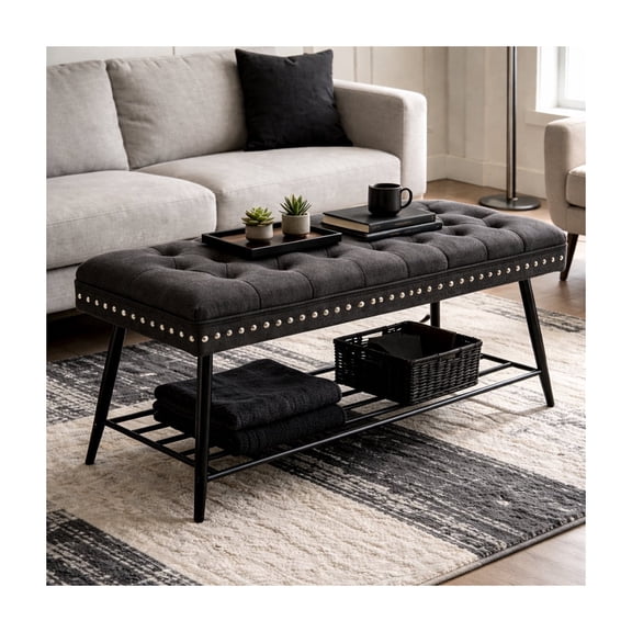 Upholstered Tufted Shoe Bench with Metal Legs and Nailhead Trim