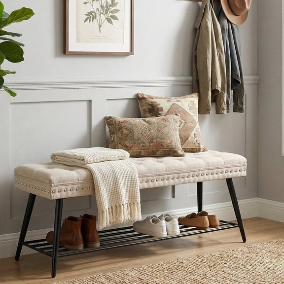 Upholstered Tufted Shoe Bench with Metal Legs and Nailhead Trim