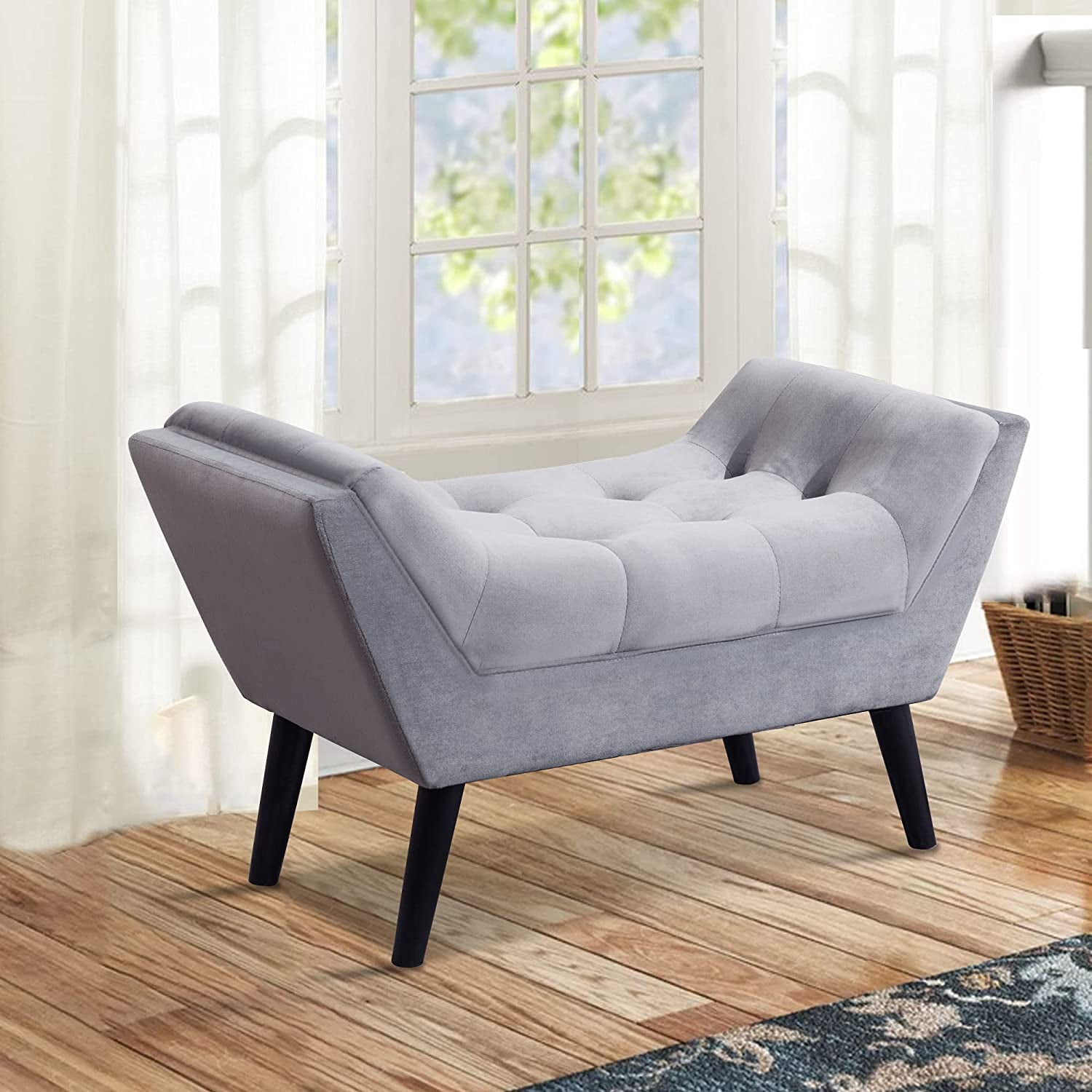 Upholstered Tufted Small Cute Bench Ottoman for Entryway Foyer Bathroom Vanity Bedroom (One