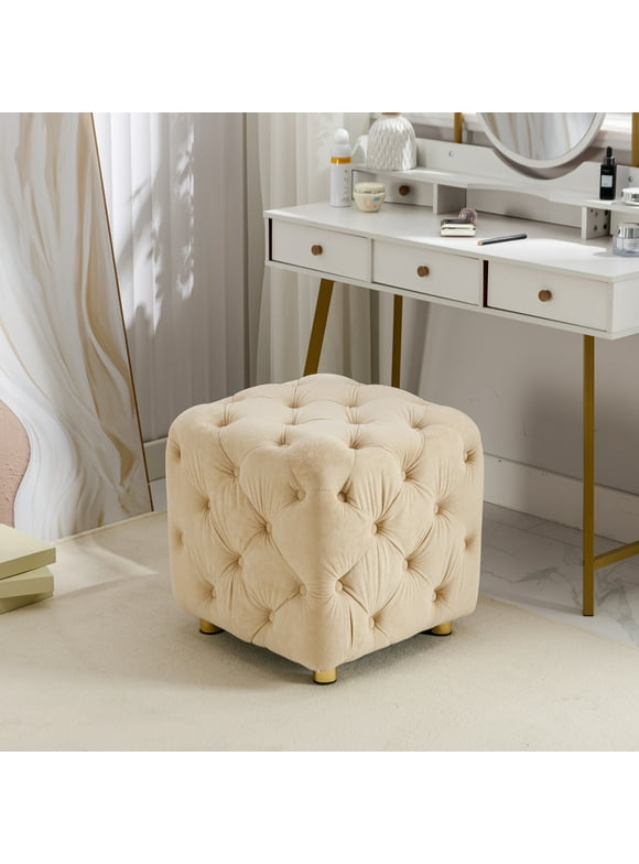 Upholstered Tufted Square Velvet Ottoman with Button, Mordern Footrest Stool Ottoman Comfy for Living Room/Hosting Room/Bedroom