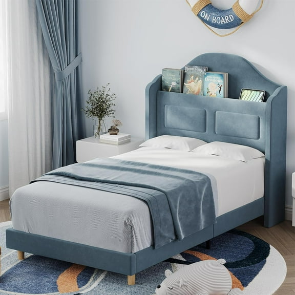 Upholstered Twin Bed Frame with LED Lights, Velvet Platform Bed Frame with Wing Back Storage Headboard, Wood Slats Support, No Box Spring Needed
