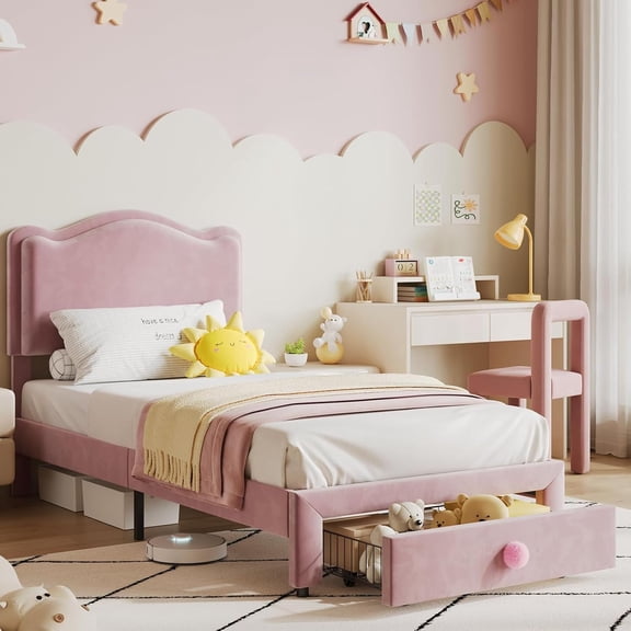 Upholstered Twin Bed Frame with Storage Drawer & Scallop Headboard, Wood Slats, No Box Spring, Pink