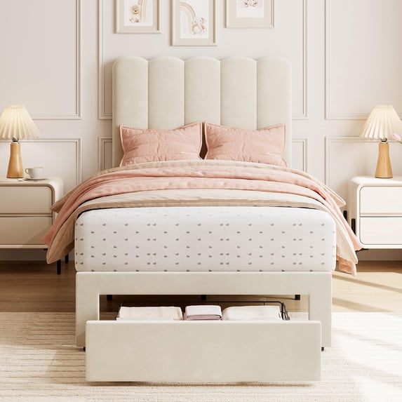 Upholstered Twin Bed Frame with Storage Drawer and Headboard - Low ...