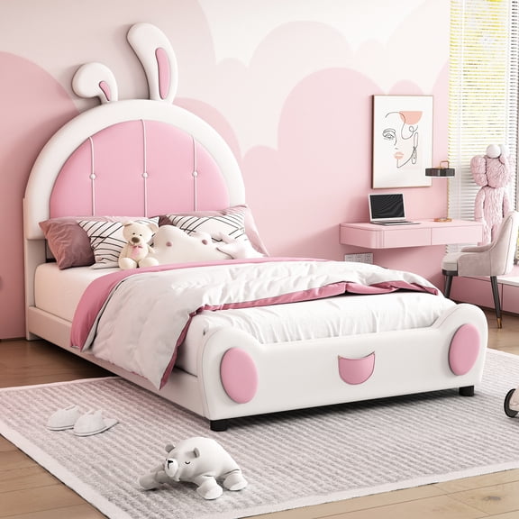 Upholstered Twin Bed With Adorable Rabbit Headboard - Build White And Pink Platform Rabbit-shaped Solid Construction White/pink Upholstery
