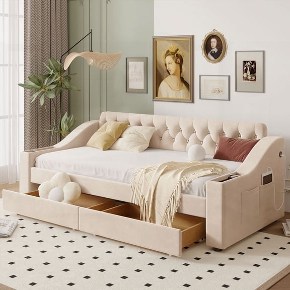 Upholstered Twin Daybed - Storage & USB Features, Beige