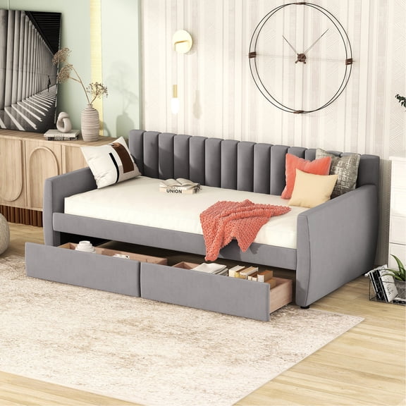Upholstered Twin Daybed with Drawers | Functions as Storage and Comfortable Spot | Velvet Fabric and Sturdy Wood Legs | Solves Space and Sleep Issues