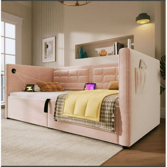 Upholstered Twin Daybed with Hydraulic Storage, USB & Type-C Charging, Velvet Tufted Sofa Back, Pink Bed Frame, Space-Saving Design