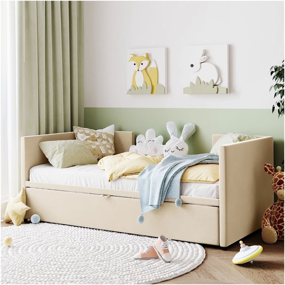 Upholstered Twin Daybed with Trundle, Convertible Sofa Bed for Living Room or Guest Room, Beige Velvet