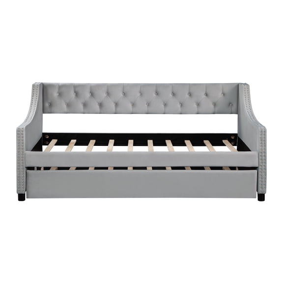 Upholstered Twin Daybed with Trundle | Perfect for Guest Room Use | Sturdy Solid Wood with Decorative Details | No Box Spring Required