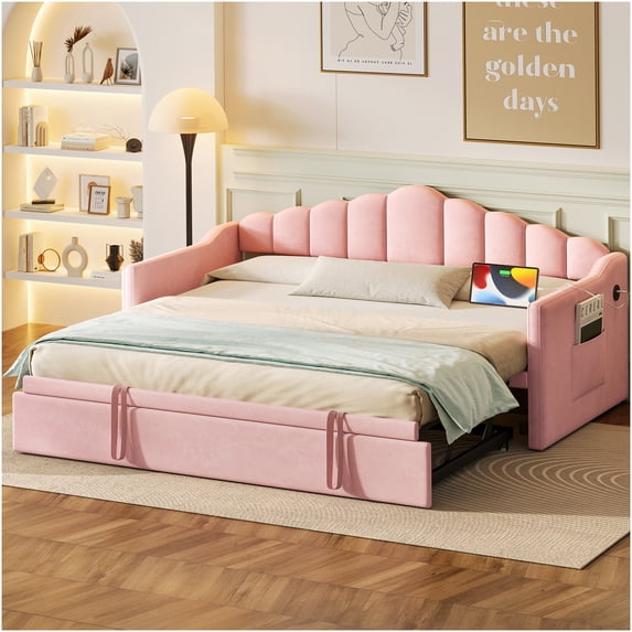 Upholstered Twin Daybed with Trundle and Charging Ports, Modern Velvet Lounge Bed with Storage Pockets