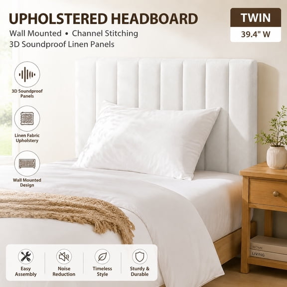 Upholstered Twin Headboard, Easy Assemble Wall Mounted Channel Stitched Headboard with 3D Soundproof Panels, Off White Floating Design