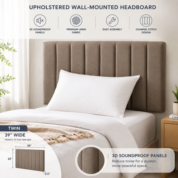 Upholstered Twin Headboard with Easy Assembly, Channel Stitched Design, Wall Mounted, Soundproof 3D Panels, Floating Headboard in Mocha
