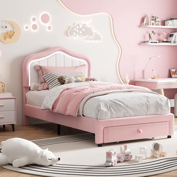 Upholstered Twin Platform Bed Frame with LED Lights & Storage Drawer – Soft Headboard, Wooden Slats, No Box Fresh Needed, Noise-Free, Easy Assembly, Pink and White