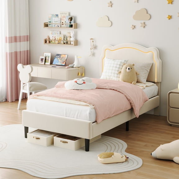 Upholstered Twin Platform Bed Frame - Princess Style with Smart LED Lights, Adjustable Bear Headboard, Wooden Slats, No Box Spring