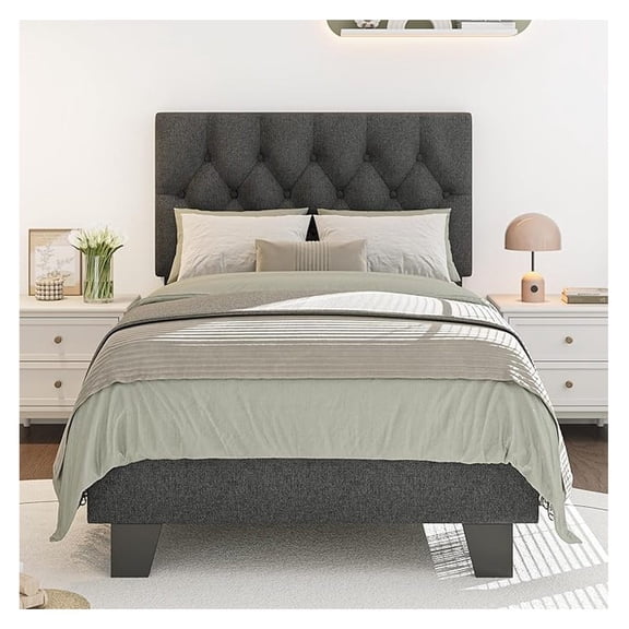 Upholstered Twin Size Bed Frame with Button Tufted Headboard, Linen Platform Bed with Thickened Support Legs, Padding Edge Design/Noise-Free/No Box Spring Needed, Dark Grey