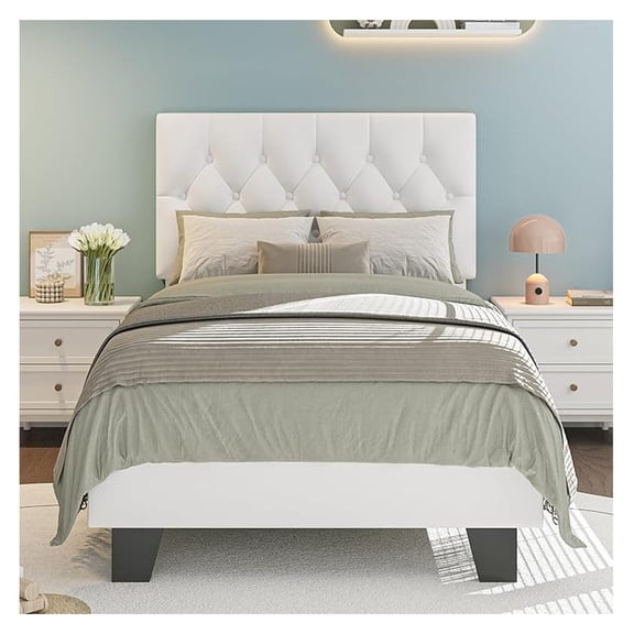 Upholstered Twin Size Bed Frame with Button Tufted Headboard, Platform Bed with Thickened Support Legs, Padding Edge Design/Noise-Free/No Box Spring Needed, White