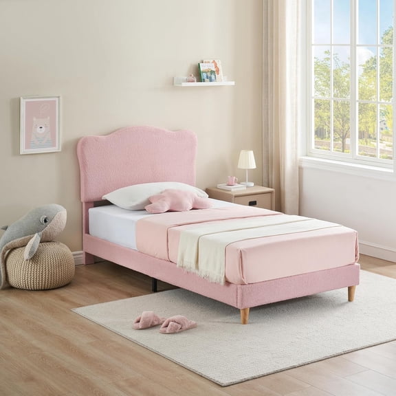 Upholstered Twin Size Bed Frame with Scallop Headboard, Cute Velvet Twin Bed , Sturdy Platform Bed, No Box Spring Needed, Wooden Slats, Noise Free, Pink