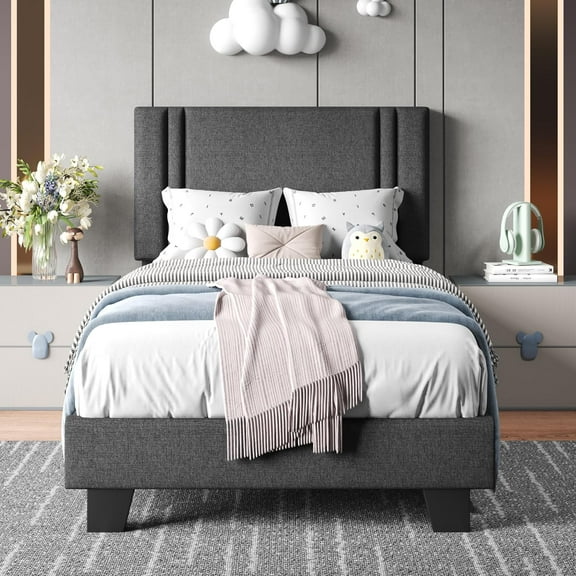 Upholstered Twin Size Bed Frame with Linen Fabric Headboard, Strong Wooden Slats Support, Noise Free, No Box Spring Needed, Dark Grey