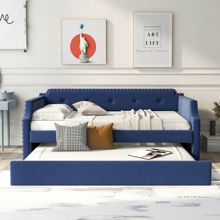Upholstered Twin Size Daybed for Living Room Platform Twin Daybed and Roll Out Trundle Frame Set Kids Twin Trundle Sofa Bed with Headboard Bedroom Sofa Furniture No Box Spring Needed Blue D1539