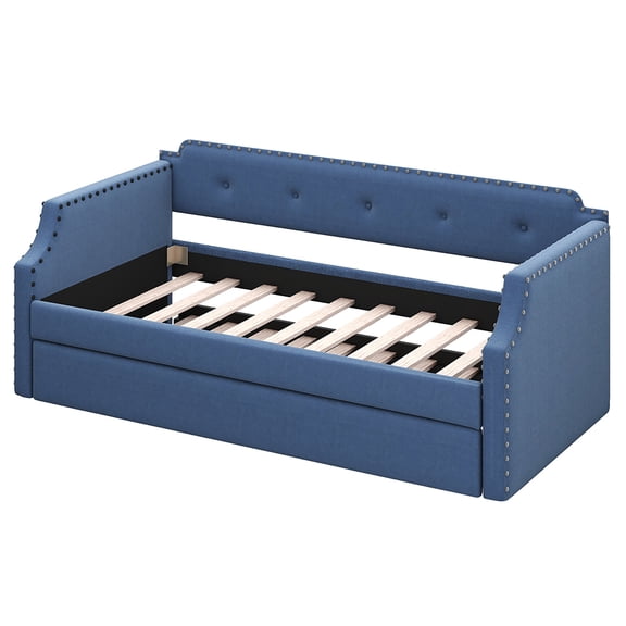 Upholstered Twin Size Daybed With Trundle,Sofa Bed Frame with Wood Slat Support&Padded Back,No Box Spring Required Platform Bed For Living Room,Office,Bedroom,Small Apartment