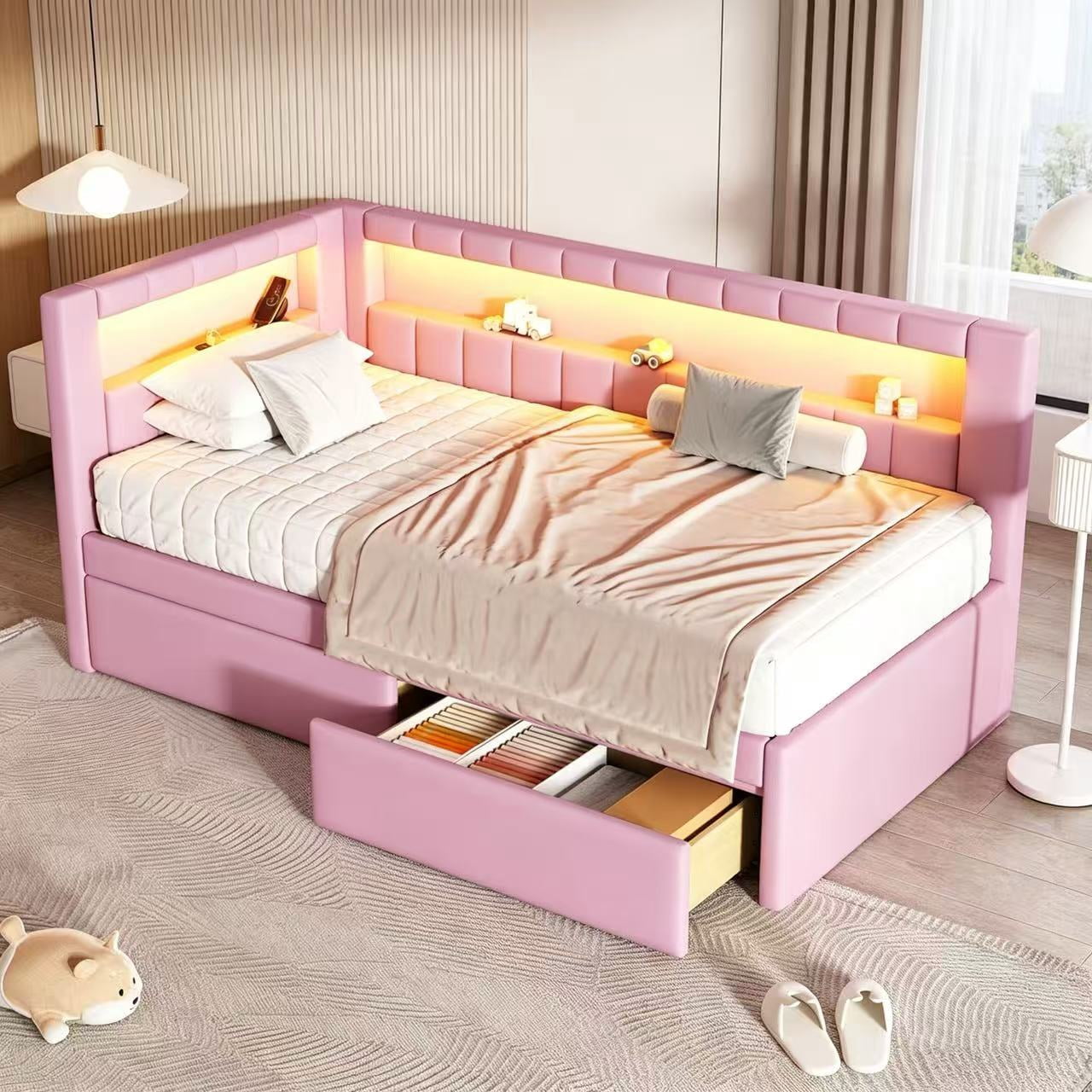 AISWORD Twin Size Daybed with Storage Drawers and L-Shaped Bookshelf Headboard, Upholstered Soft Corner Bed with Shelves, Charging Station and LED Belt, Pink