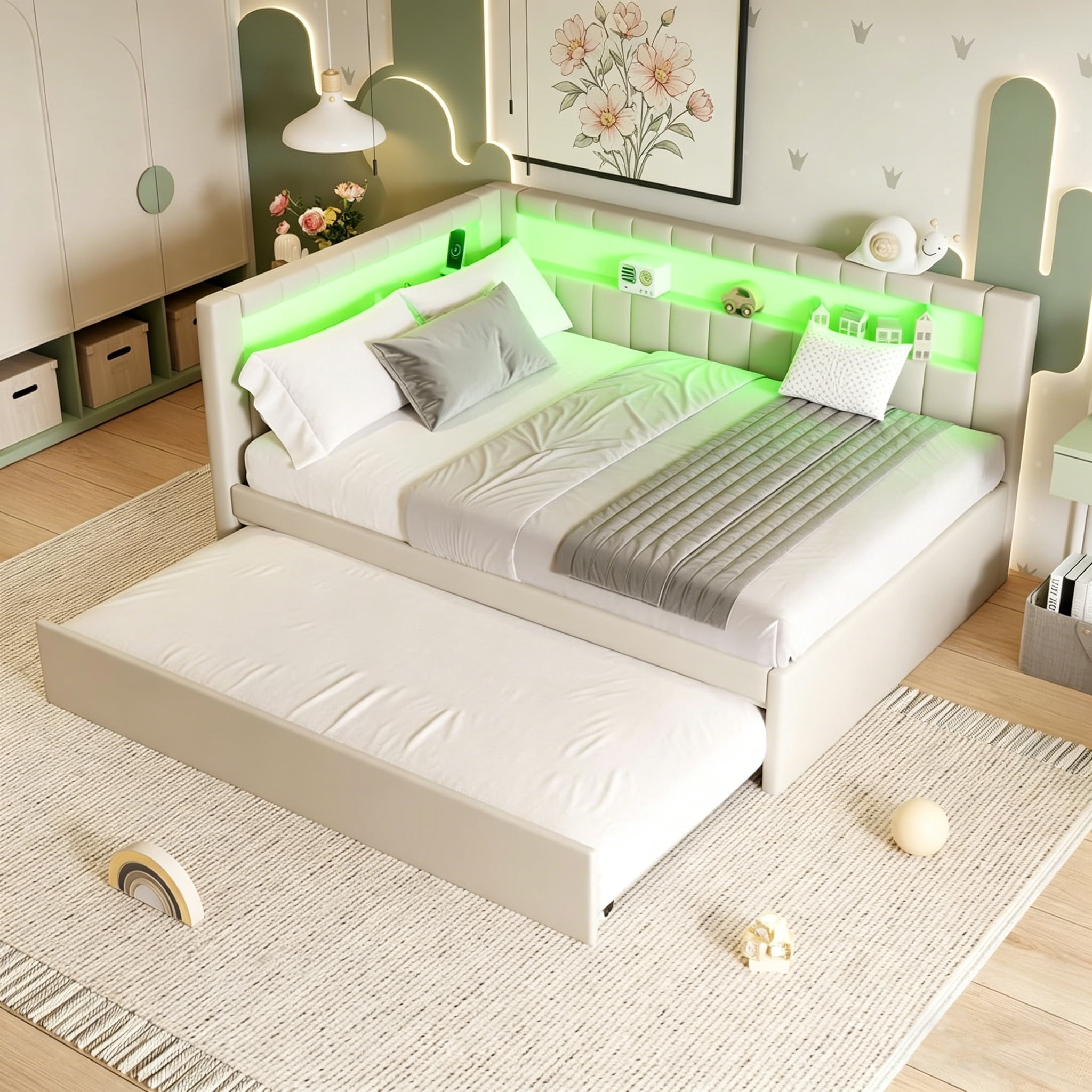AISWORD Full Size Daybed with Trundle and L-Shaped Bookshelf Headboard, Upholstered Soft Corner Bed with Storage Shelves, Charging Station and LED Belt, White