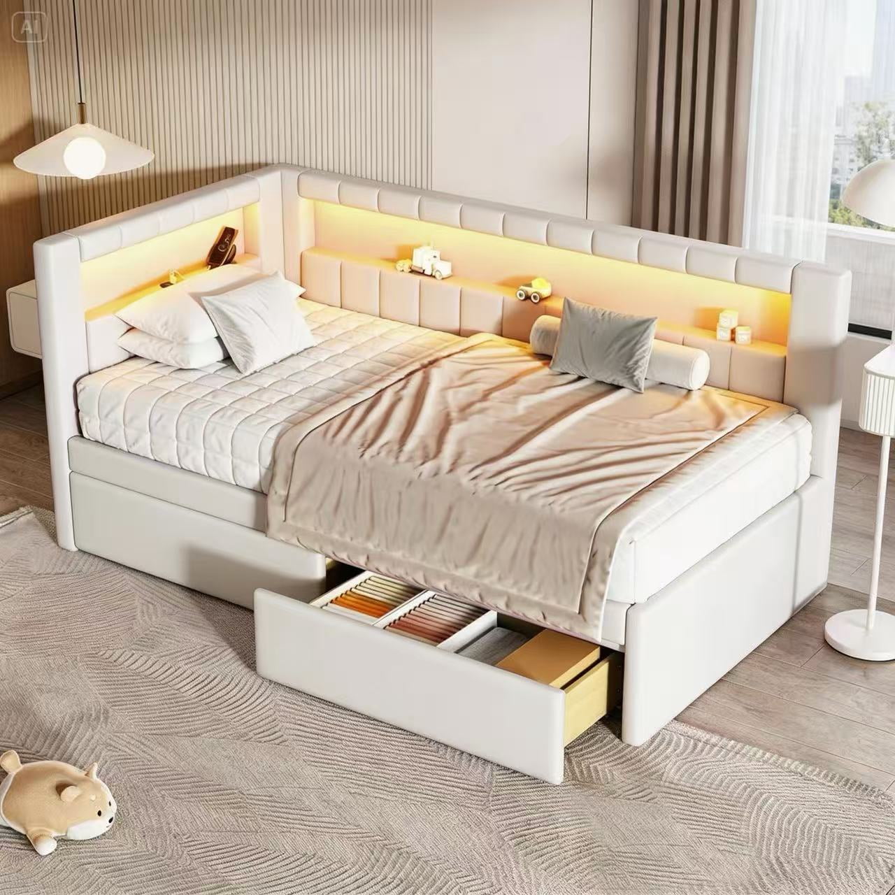 AISWORD Twin Size Daybed with Storage Drawers and L-Shaped Bookshelf Headboard, Upholstered Soft Corner Bed with Shelves, Charging Station and LED Belt, White