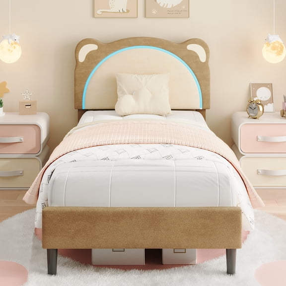 Upholstered Twin/Twin XL Platform Bed Frame with Heavy Duty Supports, Twin/Twin XL Bed Frames with Comfy Headboard, No Box Spring Need, Noise Free, Easy Assembly