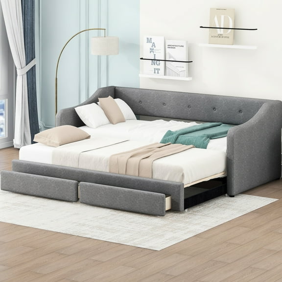 Upholstered Twin Xl To King Size Daybed With Drawers, Gray - Comfortable And Chic Bed For Living Spaces Two Drawers Modern Stylish Bedroom Decor