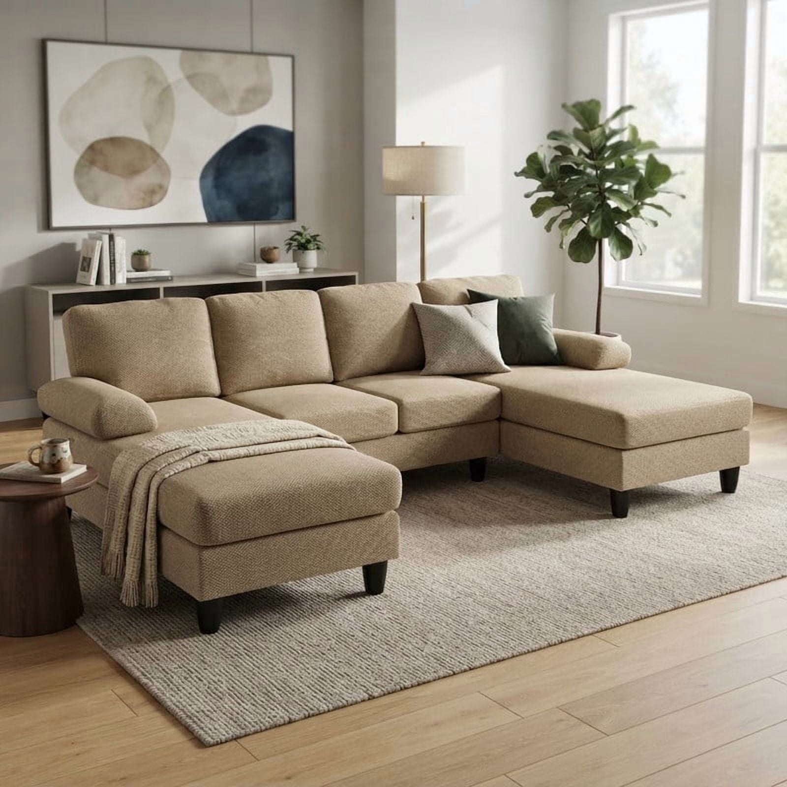 Upholstered U-Shaped Sectional Sofa, Deep Seat Sofa Couch with Dual Chaise, Plush Armrests, Modular Sofa for Living Room Apartment