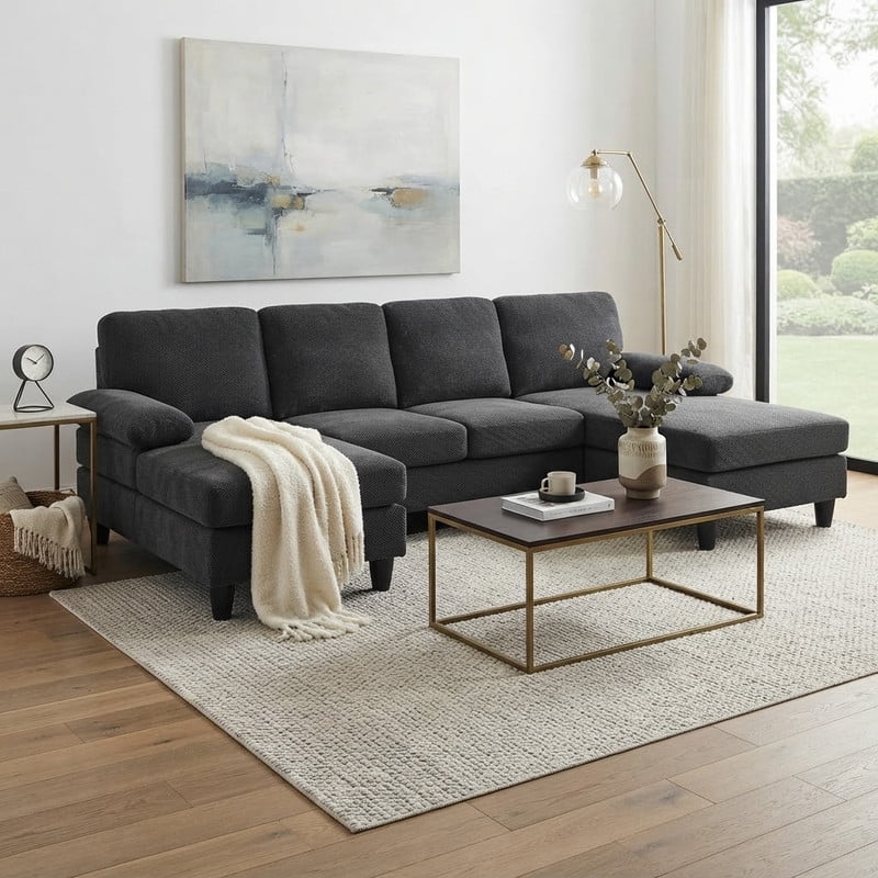 Upholstered U-Shaped Sectional Sofa, Deep Seat Sofa Couch with Dual Chaise, Plush Armrests, Modular Sofa for Living Room Apartment