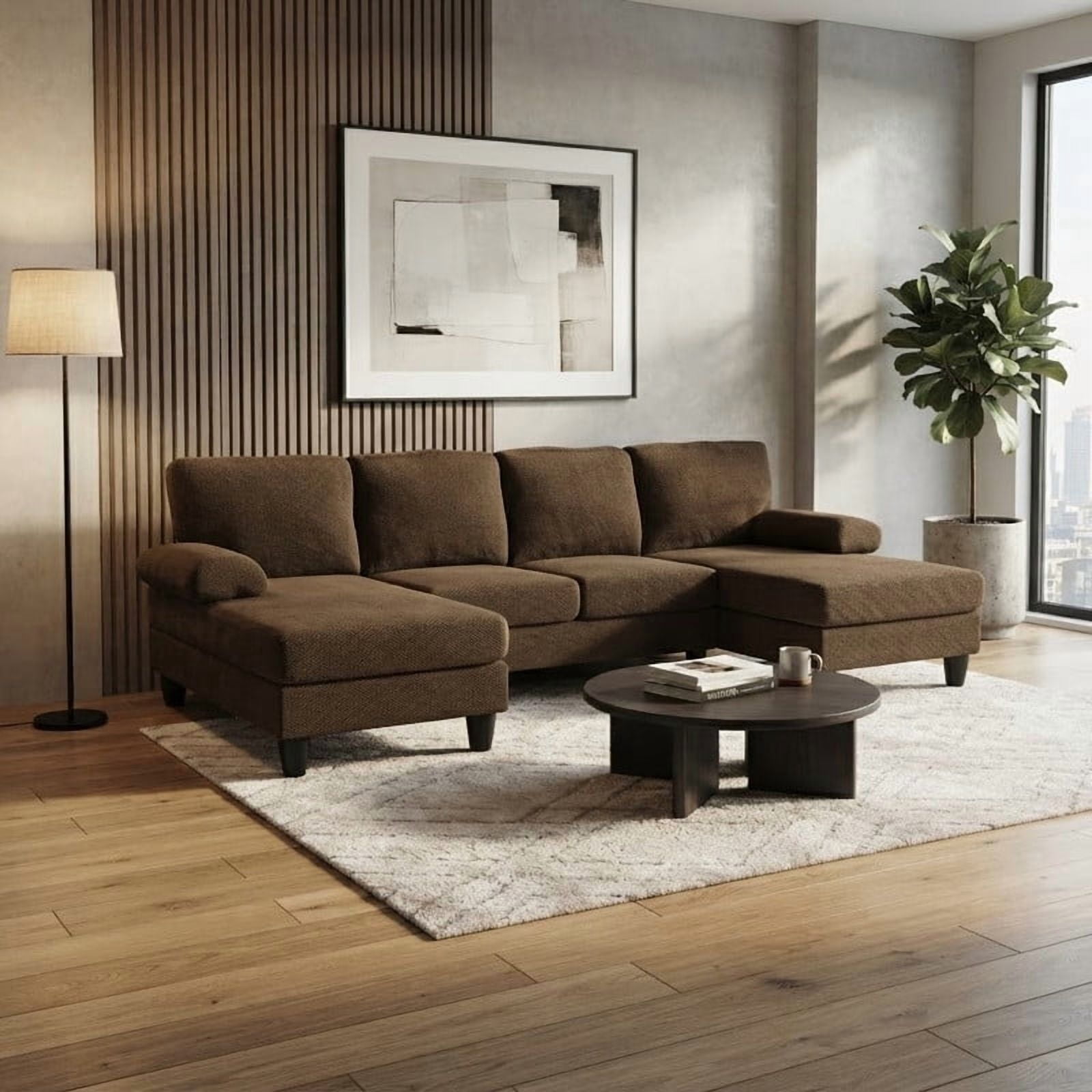 Upholstered U-Shaped Sectional Sofa, Deep Seat Sofa Couch with Dual Chaise, Plush Armrests, Modular Sofa for Living Room Apartment
