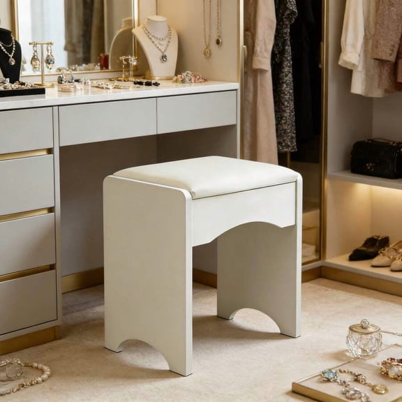 Upholstered Vanity Stool With Hidden Storage, White Makeup Chair For Dressing Room, Bedroom Furniture