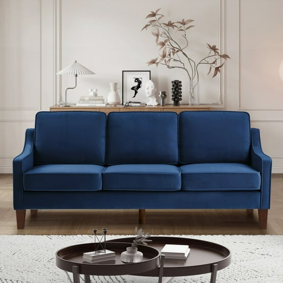 Upholstered Velvet 3-Person Sofa Couch Having Scooped Armrests & Wooden Legs, Removable Cushions for Home