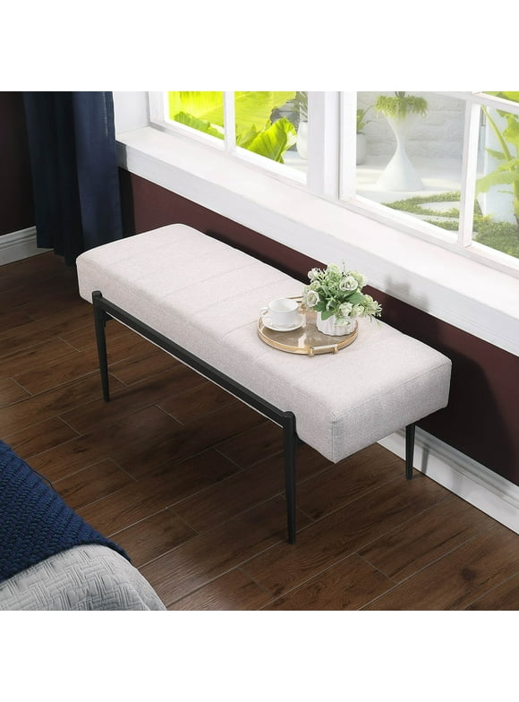 Upholstered Velvet 45" Ottoman Bench Chenille Fabric Metal Leg Bed Foot Stool Home Entryway Living Room Ivory