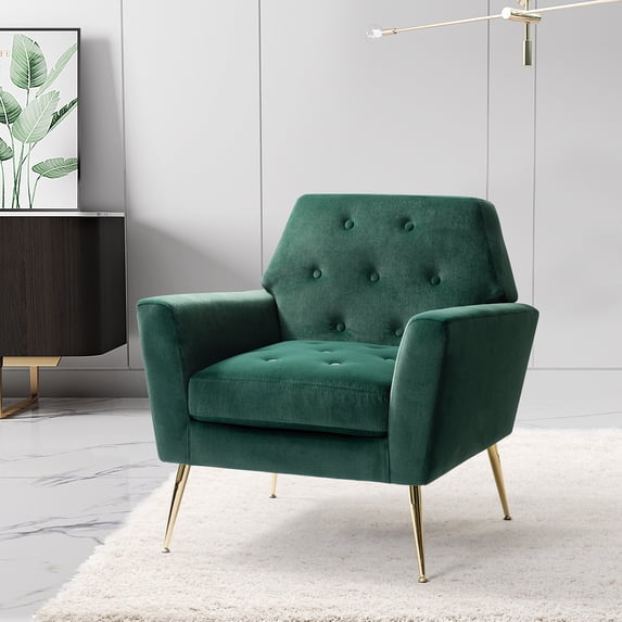 Upholstered Velvet Armchair Lounge Accent Chair Button Tufted Metal Legs Living Room Bedroom Green