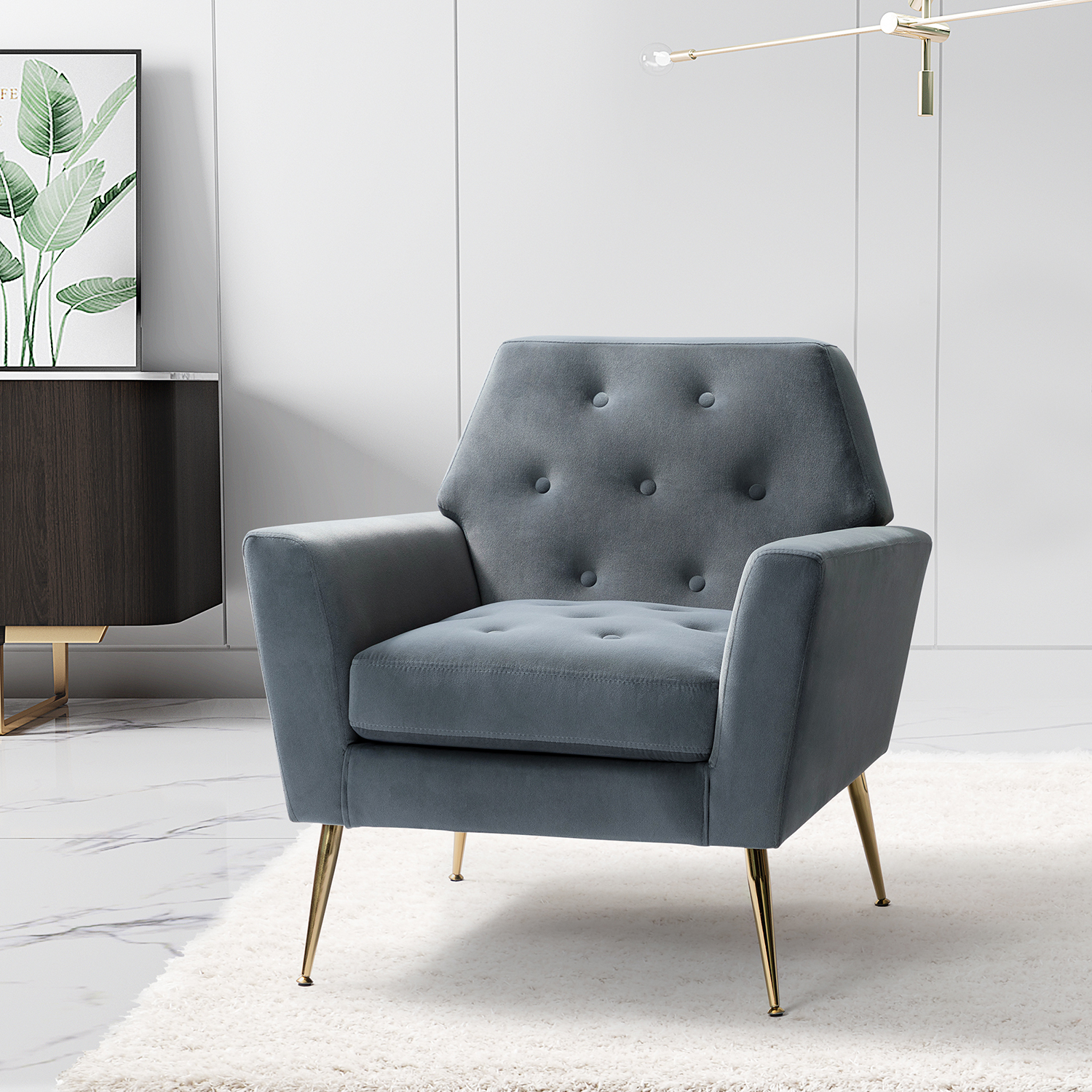 Upholstered Velvet Armchair Lounge Accent Chair Button Tufted Metal