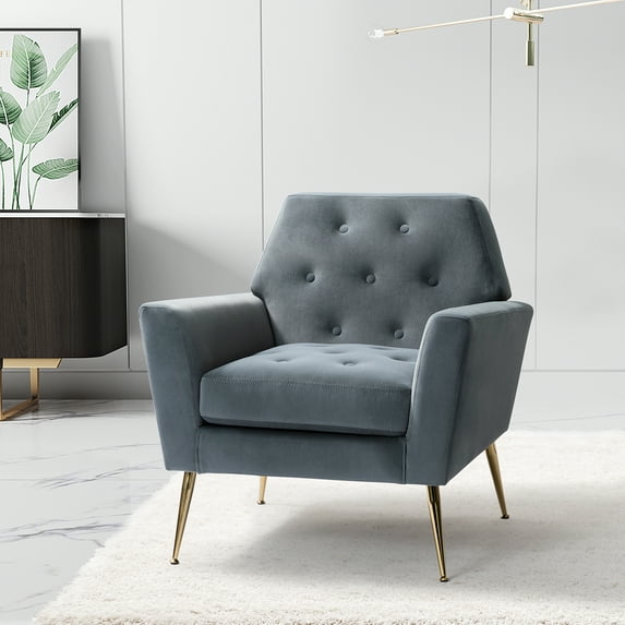 Upholstered Velvet Armchair Lounge Accent Chair Button Tufted Metal Legs Living Room Bedroom Grey