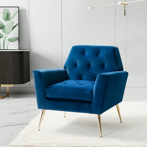 Upholstered Velvet Armchair Lounge Accent Chair Button Tufted Metal Legs Living Room Bedroom Navy