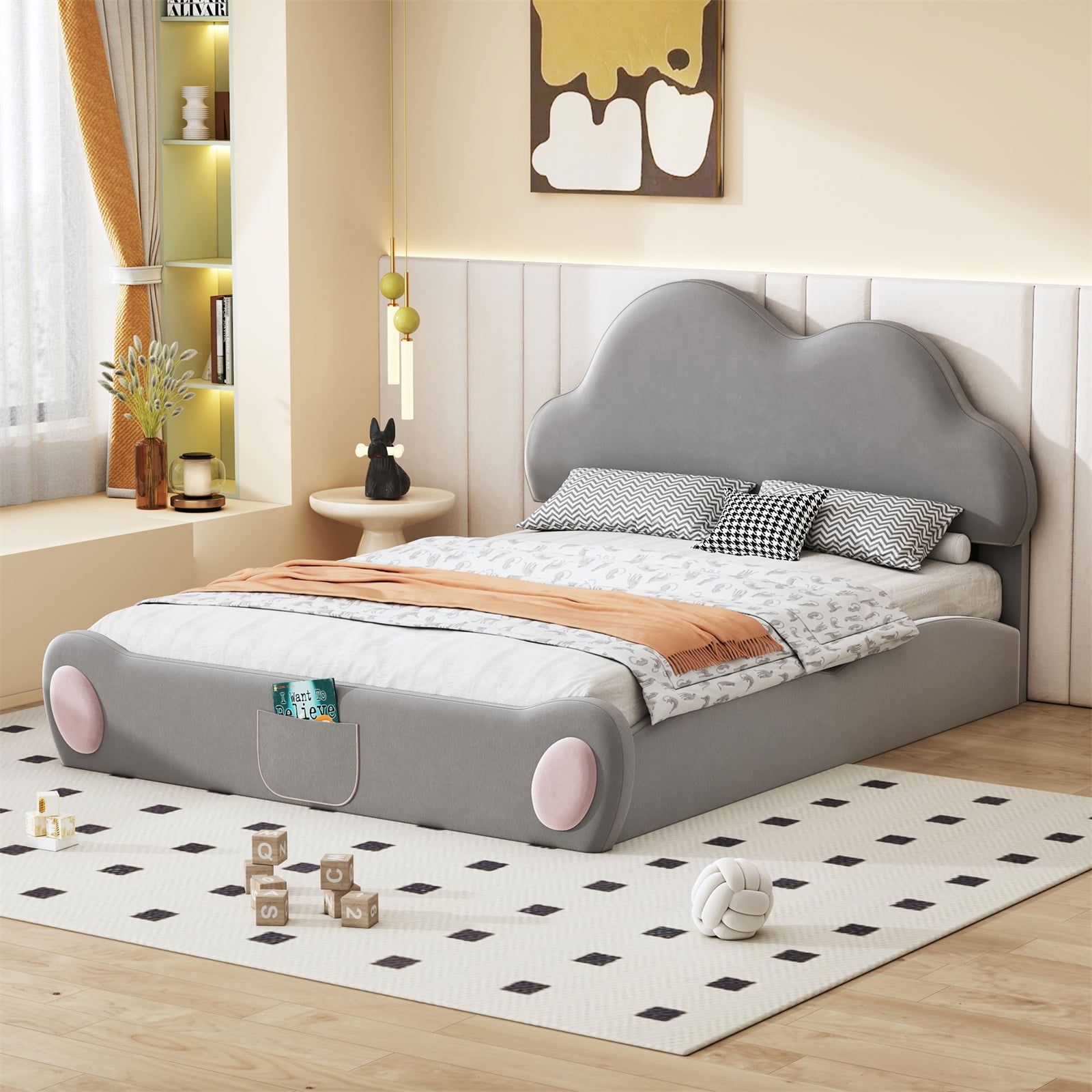 Photo inspiration: Sustainable Suppliers For Apartment Building Bed Frames Reference: Upholstered Velvet Bed With Cloud Shaped Headboard Queen Size Platform