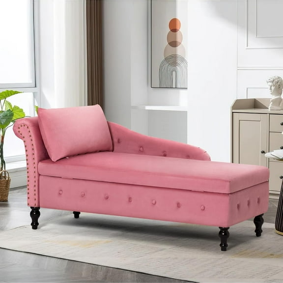 Upholstered Velvet Chaise Lounge with Left Armrest & Storage Space,Button Tufted Lounge Chair w/Lumbar Pillow,Modern Lounge Chair for Bedroom, Living Room and Office,Pink