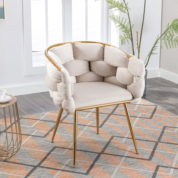 Upholstered Velvet Dining Chair, Modern Living Room Chair with Woven Back and Golden Metal Legs, Mid-Century Accent Side Chair for Dining Room, Living Room, Kitchen (Beige)