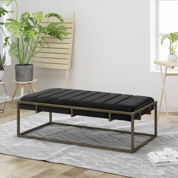 Upholstered Velvet Ottoman Bench with Brass Finish, Black