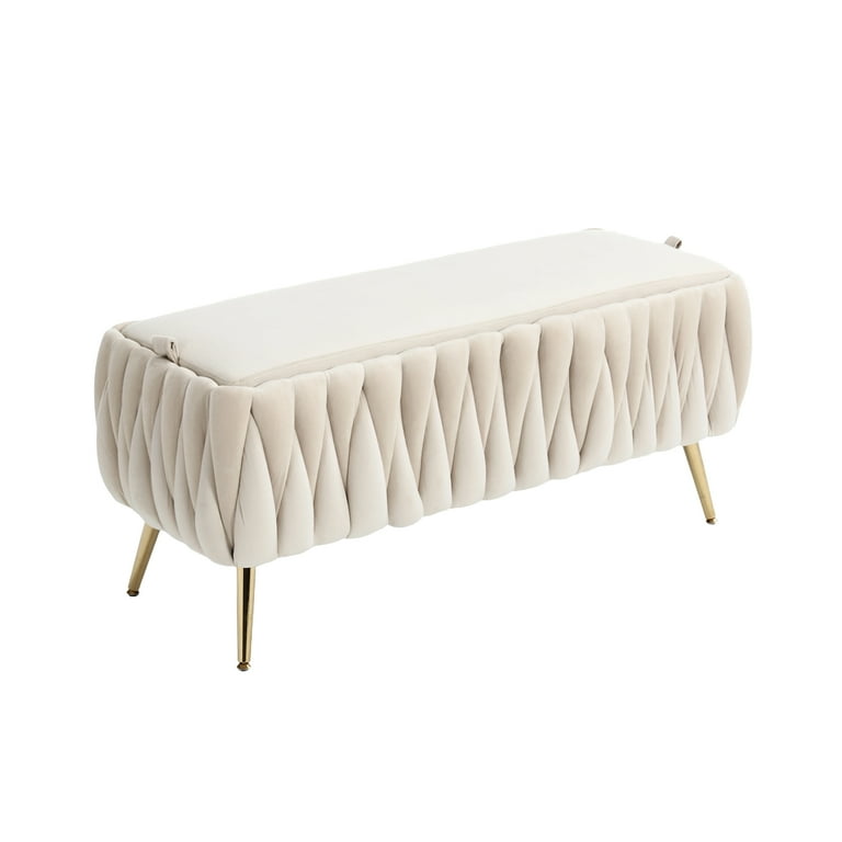 Upholstered Velvet Storage Bench Pure Hand Woven Bedroom End Bench With Golden Metal Legs Elegant Upholstered Modern End of end of bed bench for