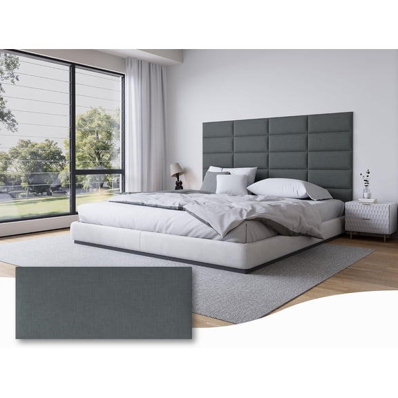 Upholstered Wall Mounted Headboard Queen Size, Tufted Fabric Wall Panel, 9 Panels Dark Grey, Interior Bedroom Decor 10"x24"