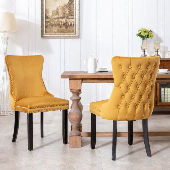 Upholstered Wing-Back Dining Chair Set of 2, Velvet Tufted High Back with Nailhead Trim and Solid Wood Legs for Dining Room, Gold