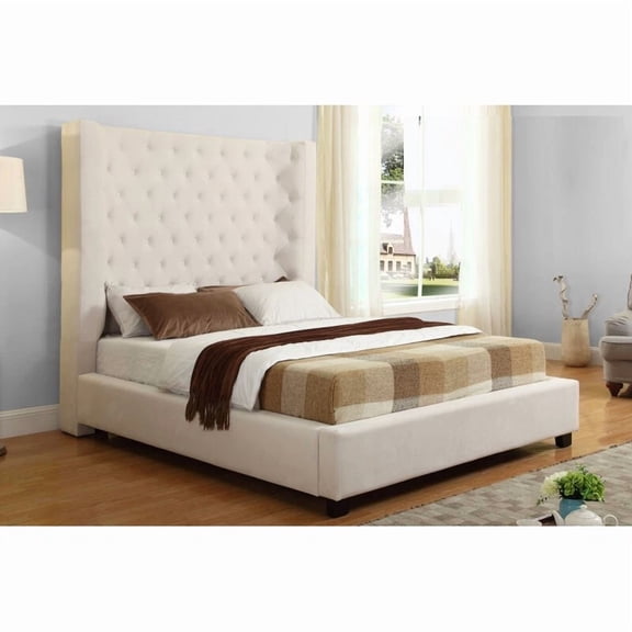Upholstered Wing Back Queen Size Bed, Tower High Tufted Headboard, Cream