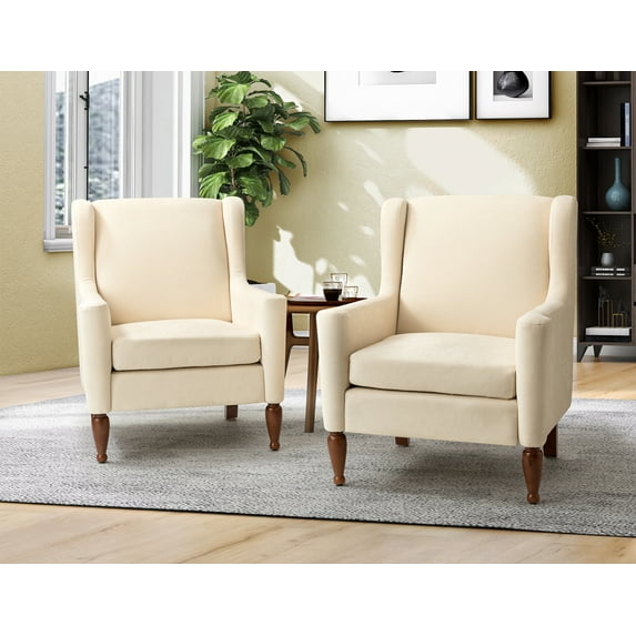 Upholstered Wingback Accent Armchair Set of 2 Fabric Wood Leg Removable Cushion Living Adult Ivory