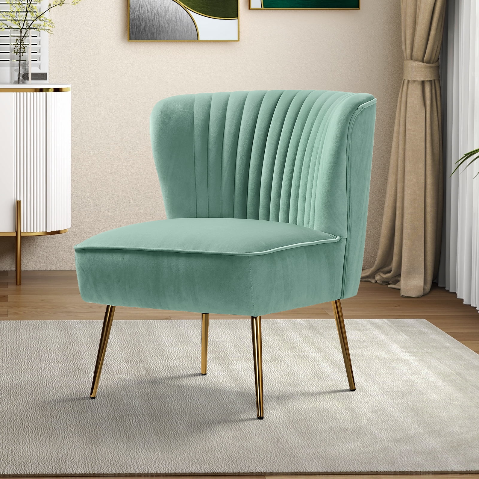 Upholstered Wingback Accent Slipper Chair Side Armless Sofa Tufted Back Golden Legs Dining Home Living Room Bedroom Sage
